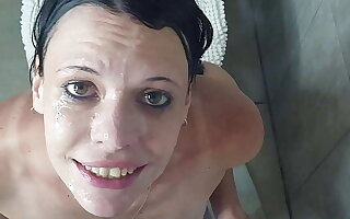 Dumb slut getting a piss with an increment of cum facial